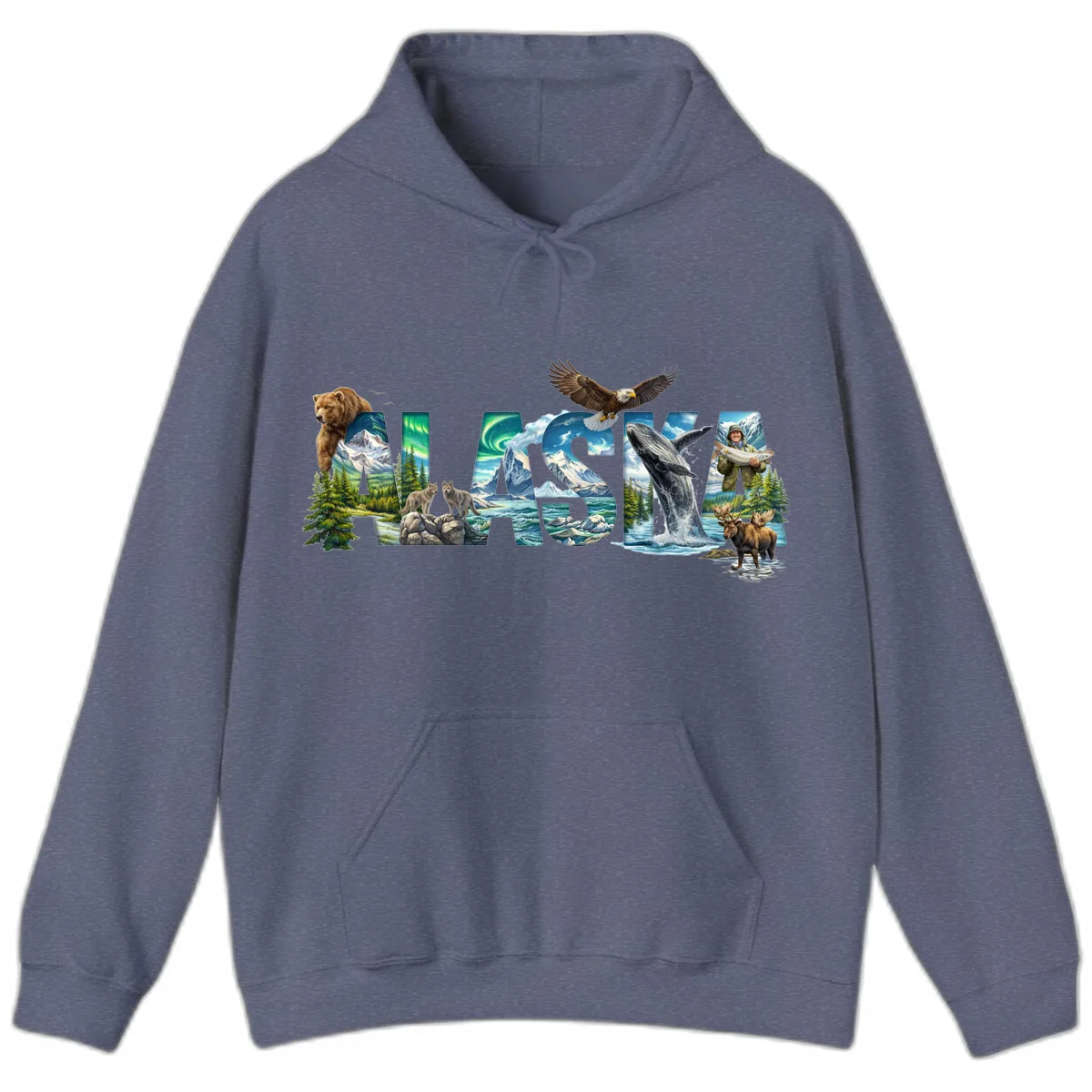 Alaskan Landscapes and Wildlife Text Hoodie in Heather Navy