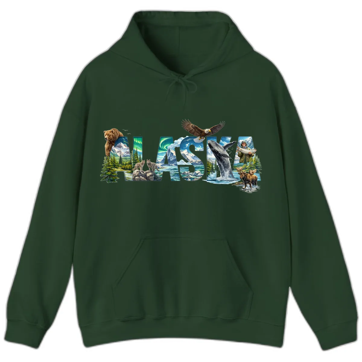 Alaskan Landscapes and Wildlife Text Hoodie in Forest Green