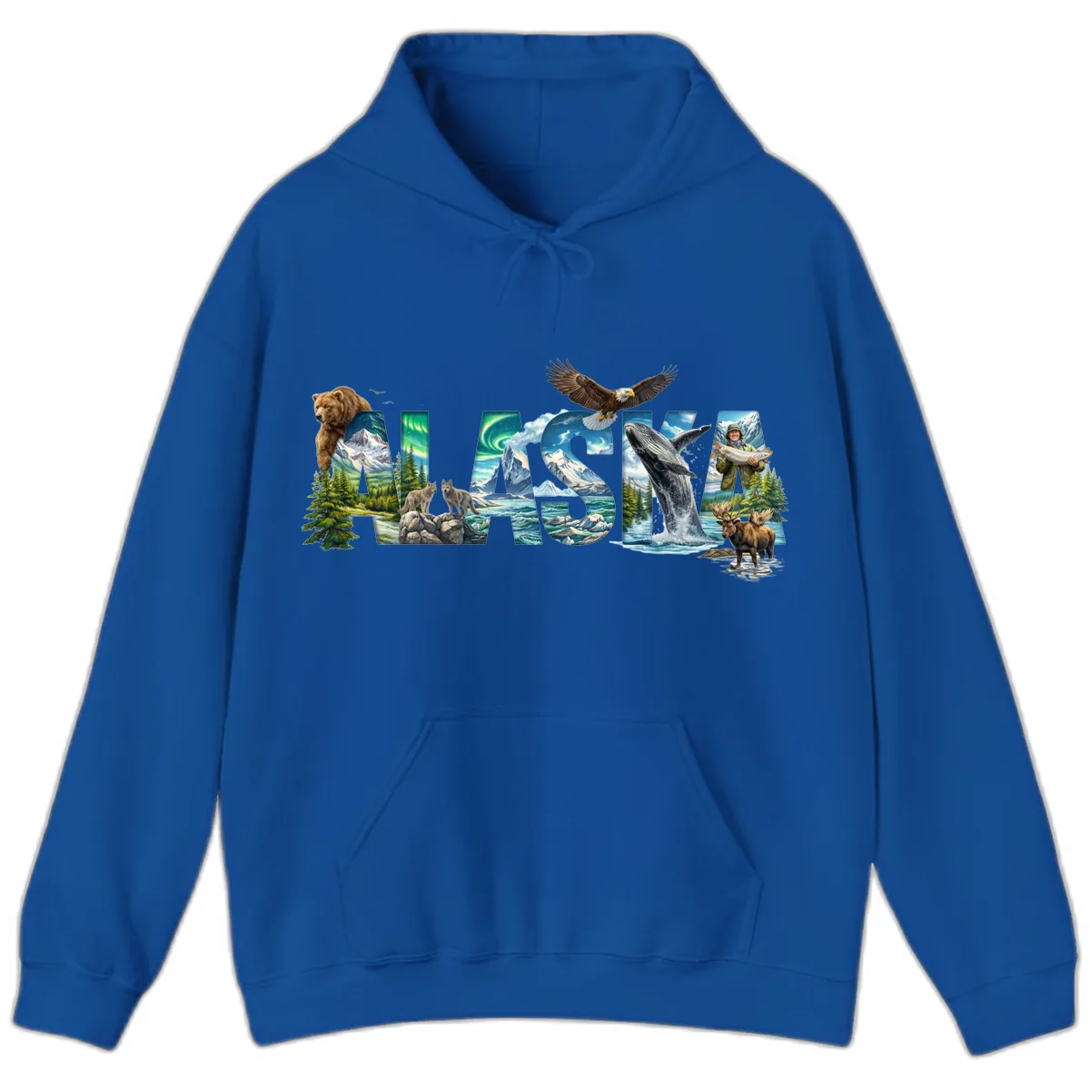 Alaskan Landscapes and Wildlife Text Hoodie in Royal