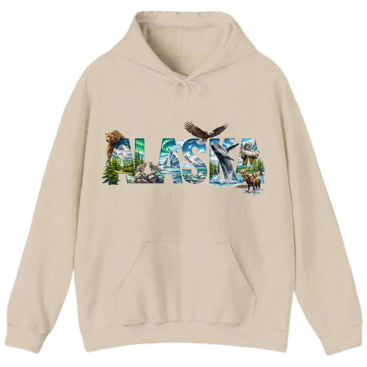 Alaskan Landscapes and Wildlife Text Hoodie in Sand