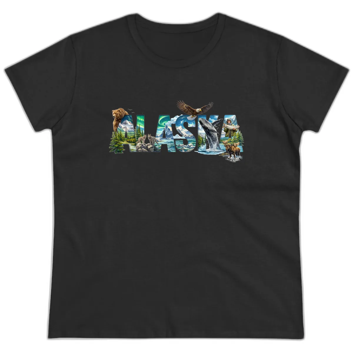Alaskan Landscapes and Wildlife Text Ladies Tee in Black