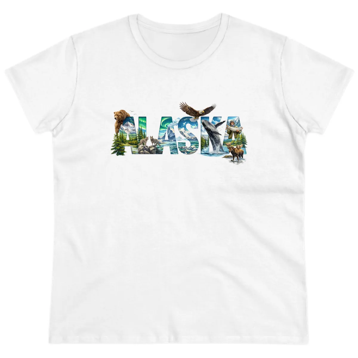 Alaskan Landscapes and Wildlife Text Ladies Tee in White