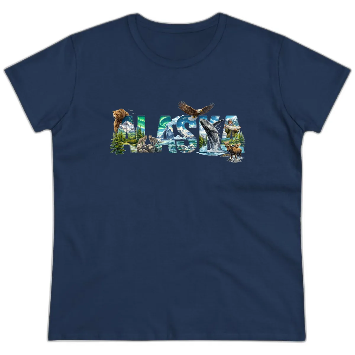Alaskan Landscapes and Wildlife Text Ladies Tee in Navy