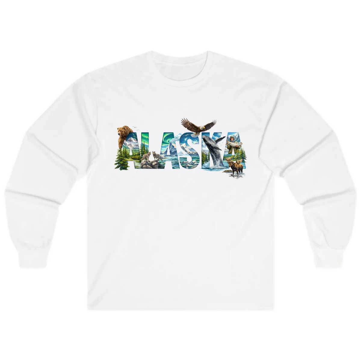 Alaskan Landscapes and Wildlife Text Long Sleeve in White