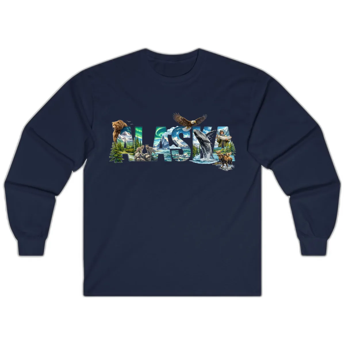 Alaskan Landscapes and Wildlife Text Long Sleeve in Navy