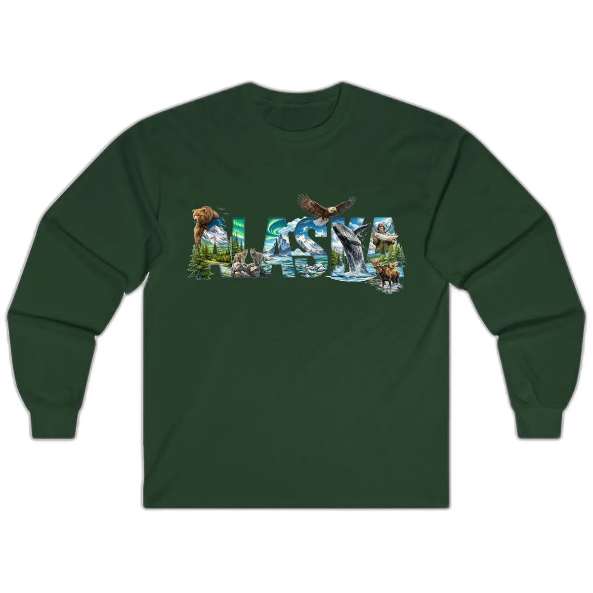 Alaskan Landscapes and Wildlife Text Long Sleeve in Forest Green