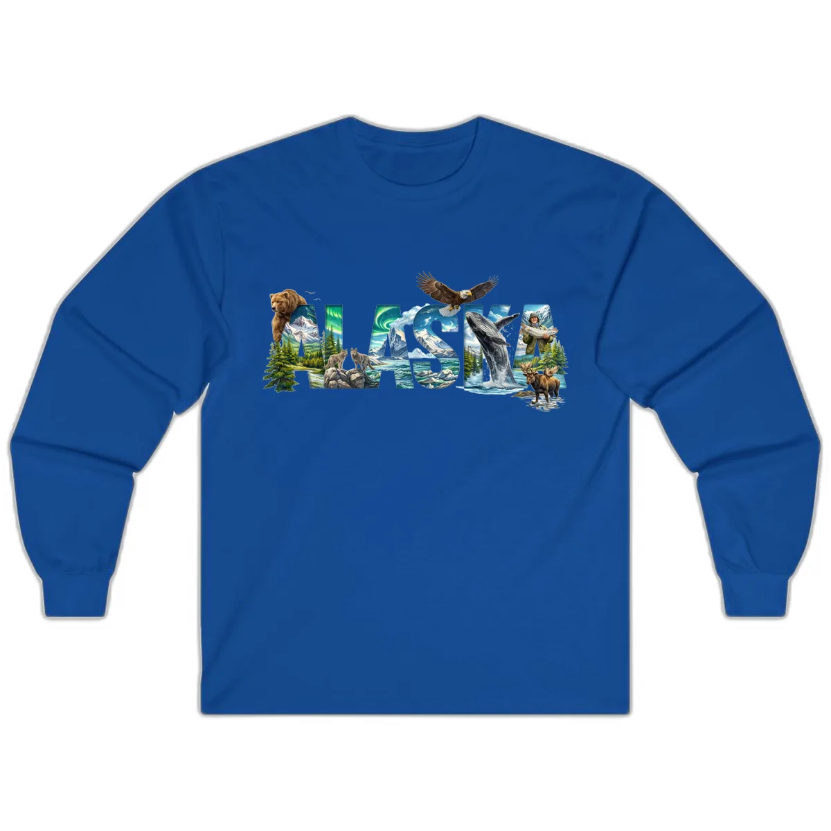 Alaskan Landscapes and Wildlife Text Long Sleeve in Royal