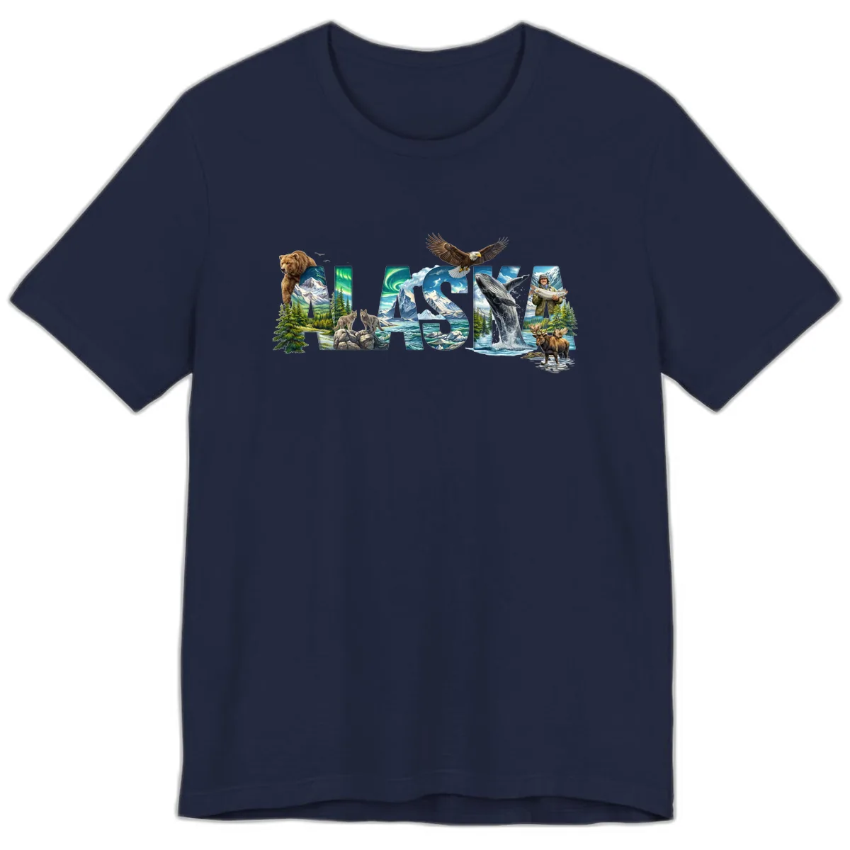 Alaskan Landscapes and Wildlife Text Premium T-Shirt in Navy