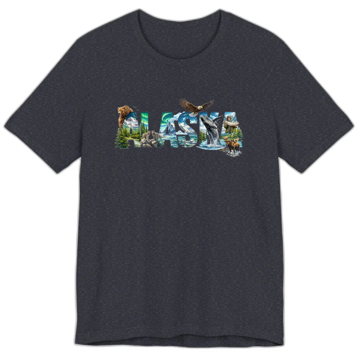 Alaskan Landscapes and Wildlife Text Premium T-Shirt in Heather Navy