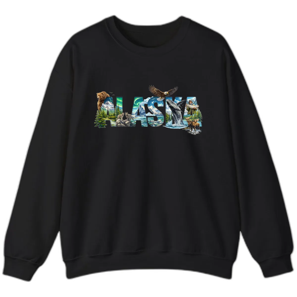 Alaskan Landscapes and Wildlife Text Sweatshirt in Black