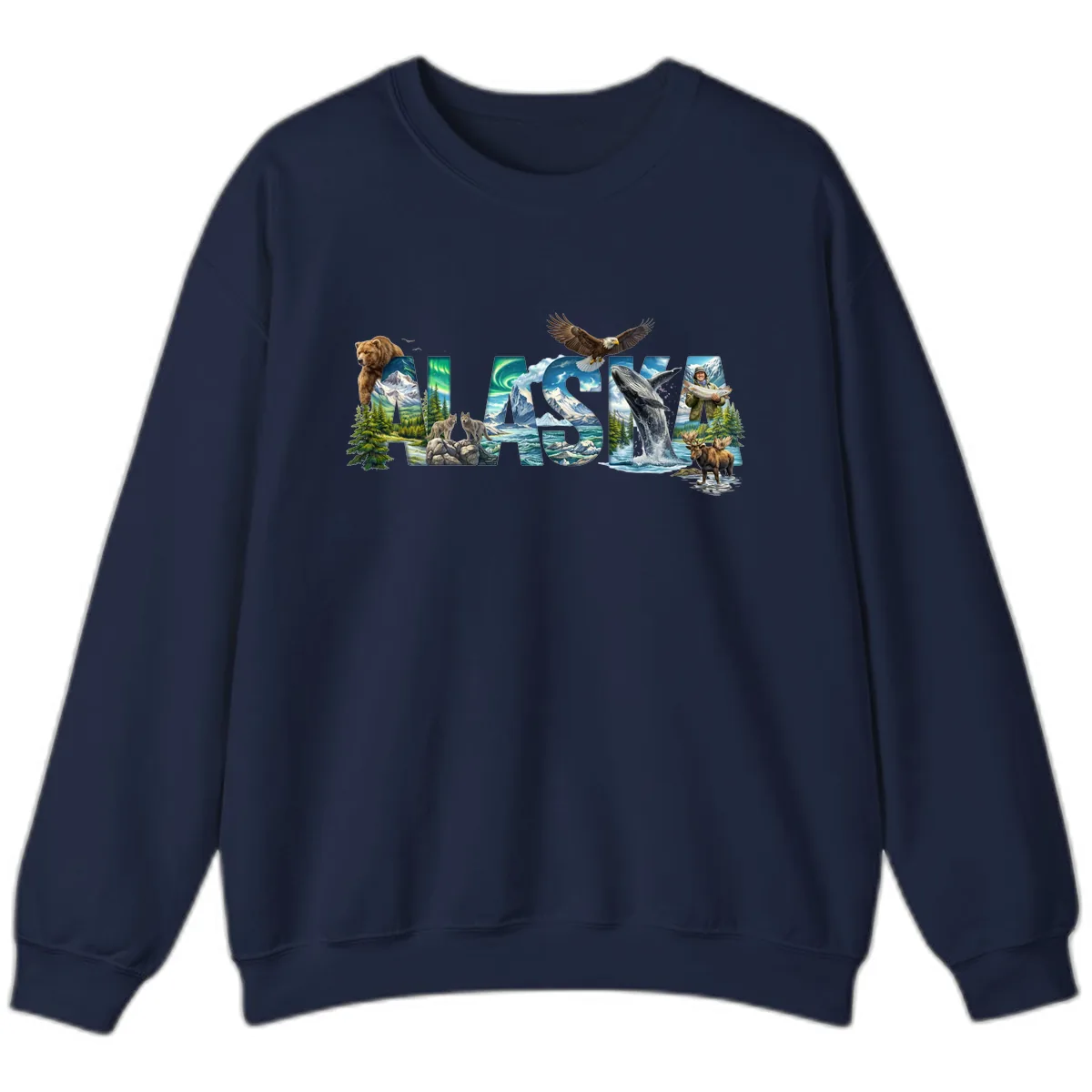 Alaskan Landscapes and Wildlife Text Sweatshirt in Navy