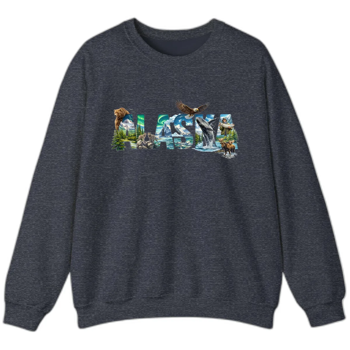 Alaskan Landscapes and Wildlife Text Sweatshirt in Heather Sport Dark Navy