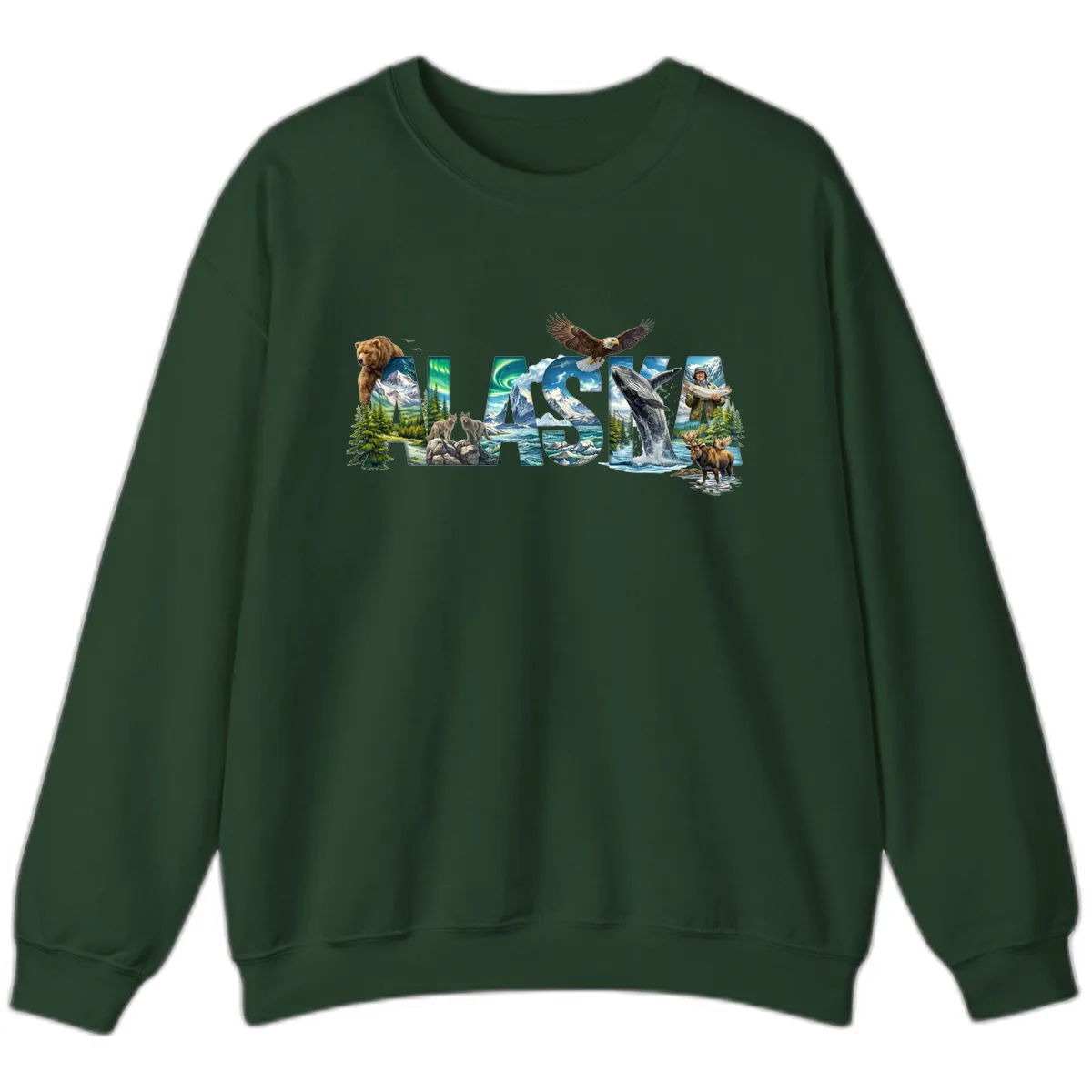 Alaskan Landscapes and Wildlife Text Sweatshirt in Forest Green
