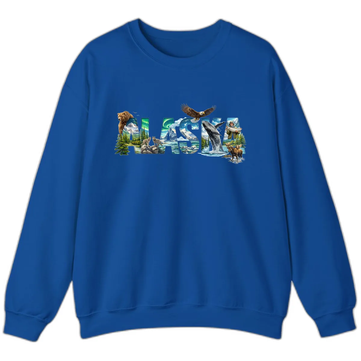 Alaskan Landscapes and Wildlife Text Sweatshirt in Royal