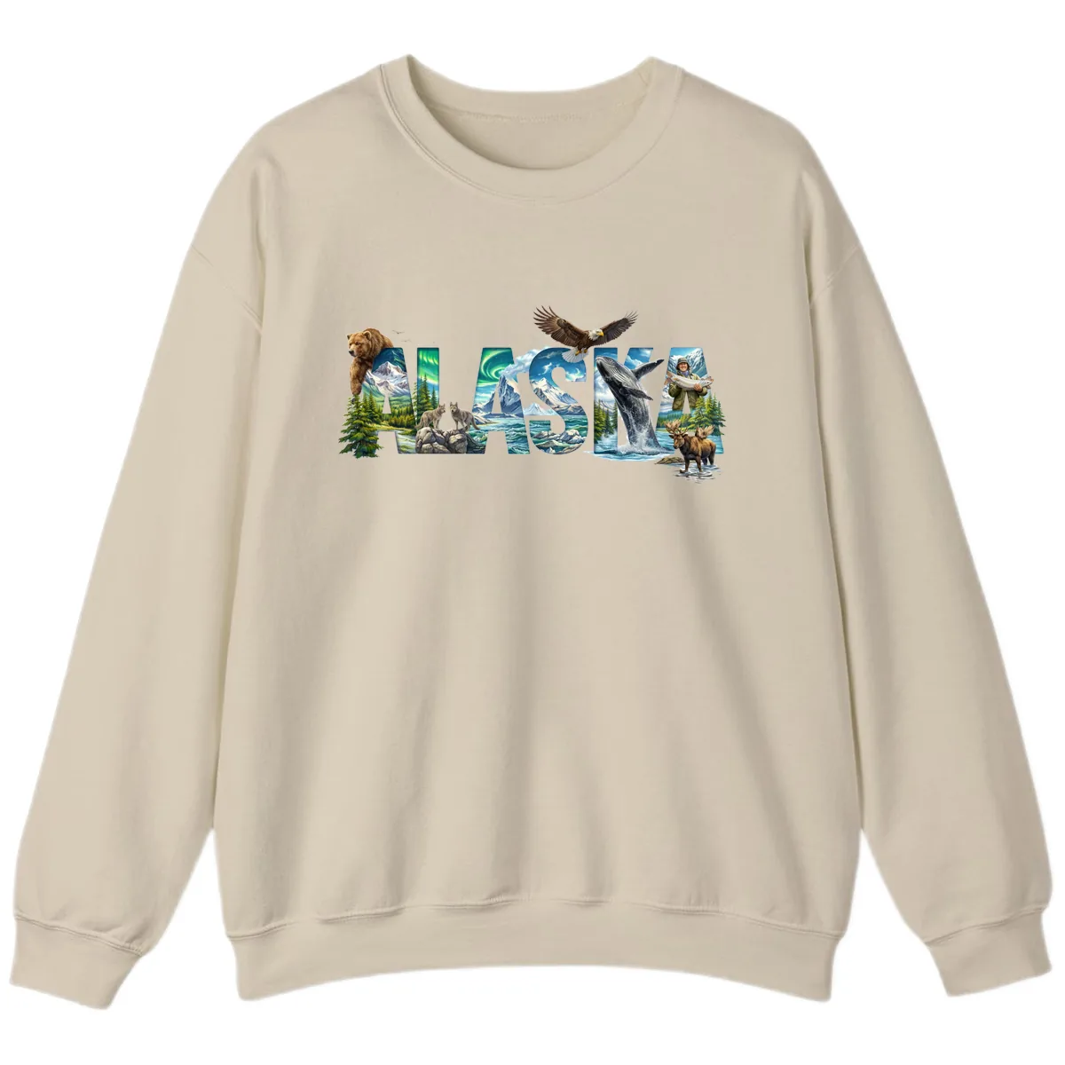 Alaskan Landscapes and Wildlife Text Sweatshirt in Sand