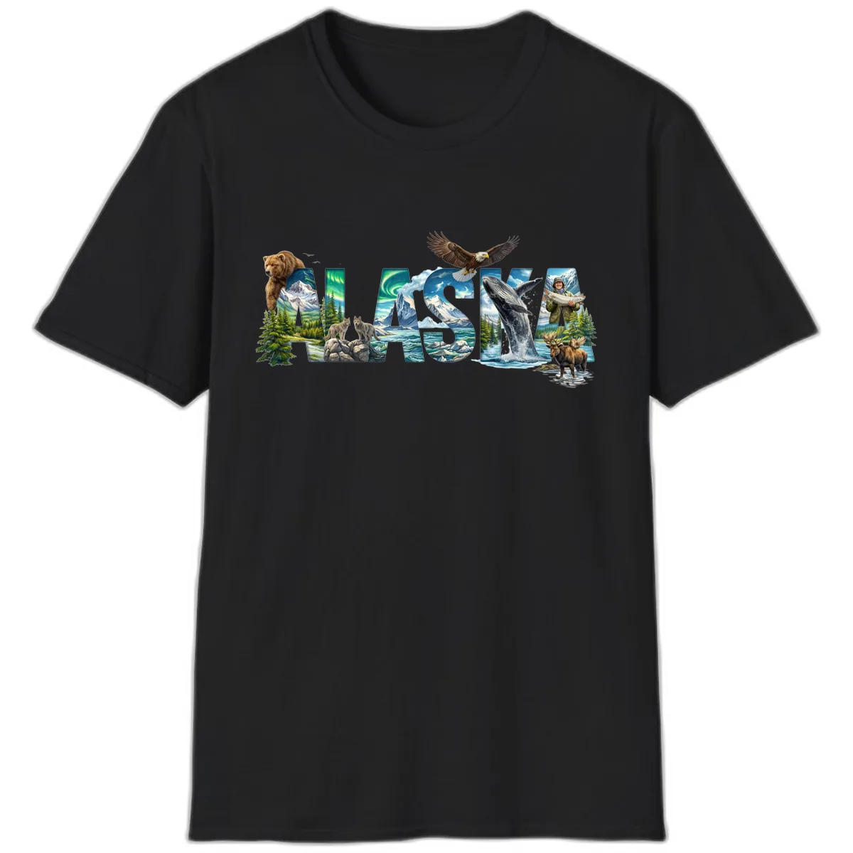 Alaskan Landscapes and Wildlife Text T-Shirt in Black