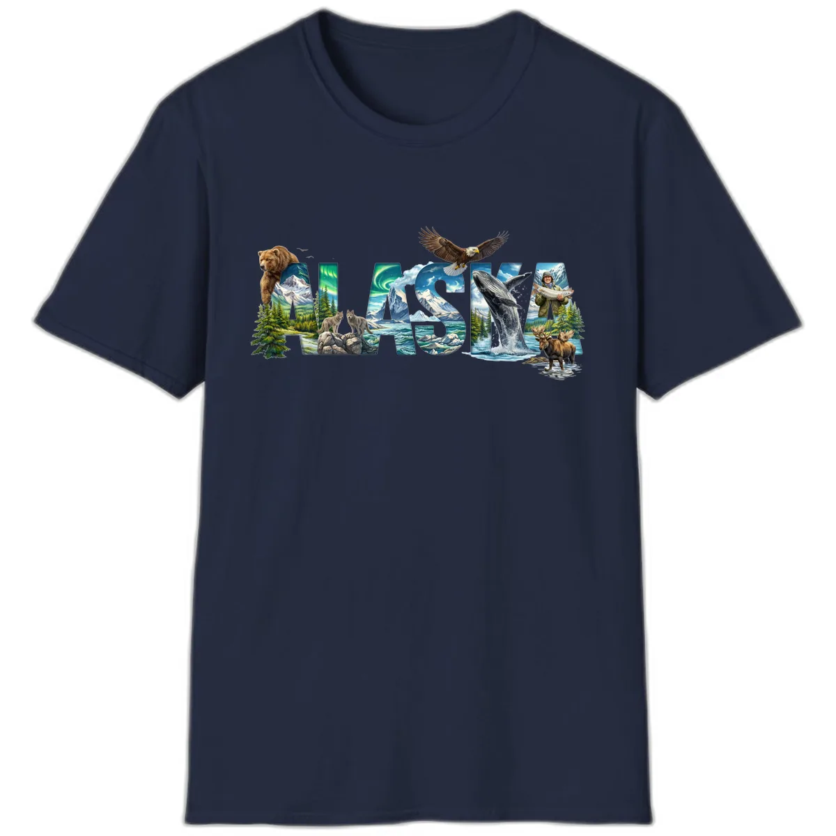 Alaskan Landscapes and Wildlife Text T-Shirt in Navy