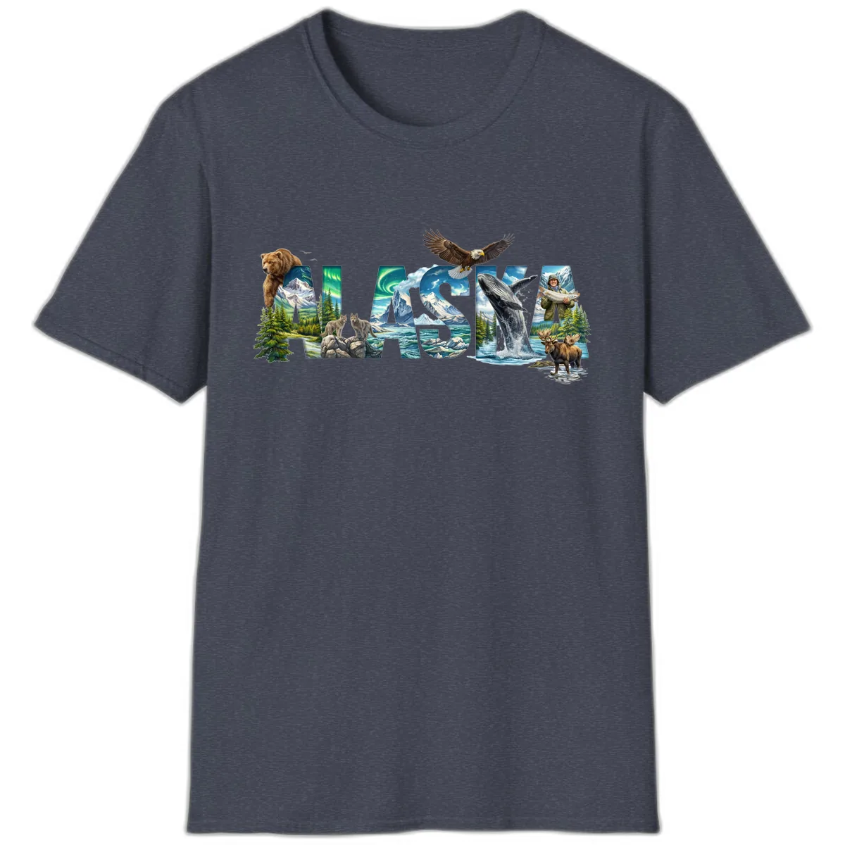 Alaskan Landscapes and Wildlife Text T-Shirt in Heather Navy