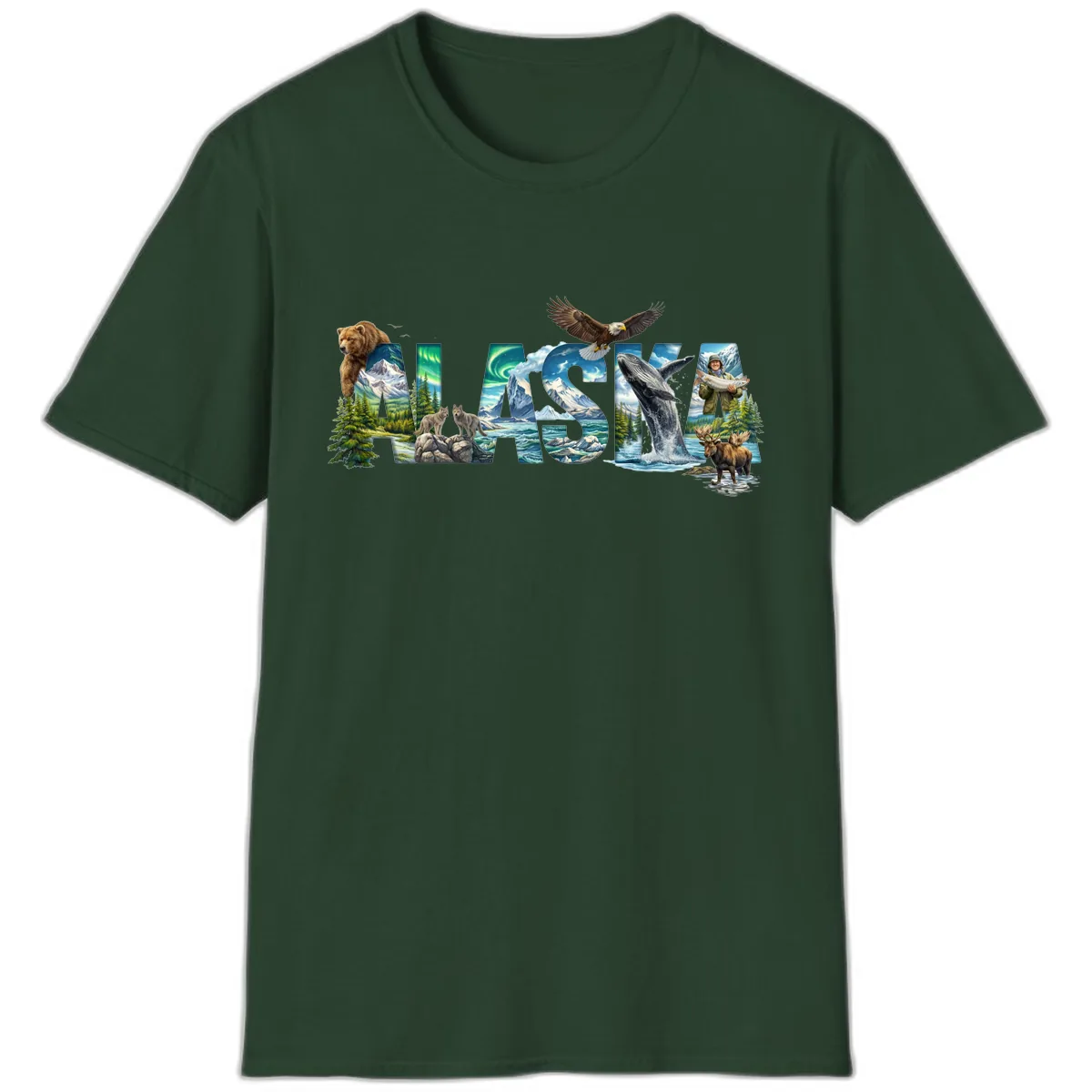 Alaskan Landscapes and Wildlife Text T-Shirt in Forest Green