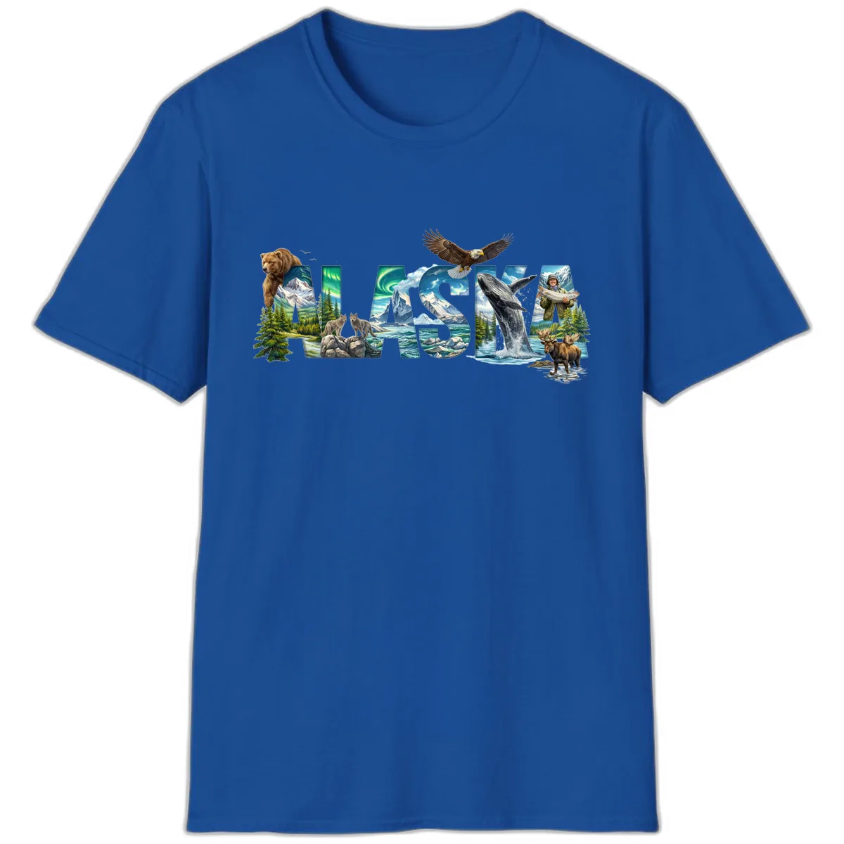 Alaskan Landscapes and Wildlife Text T-Shirt in Royal