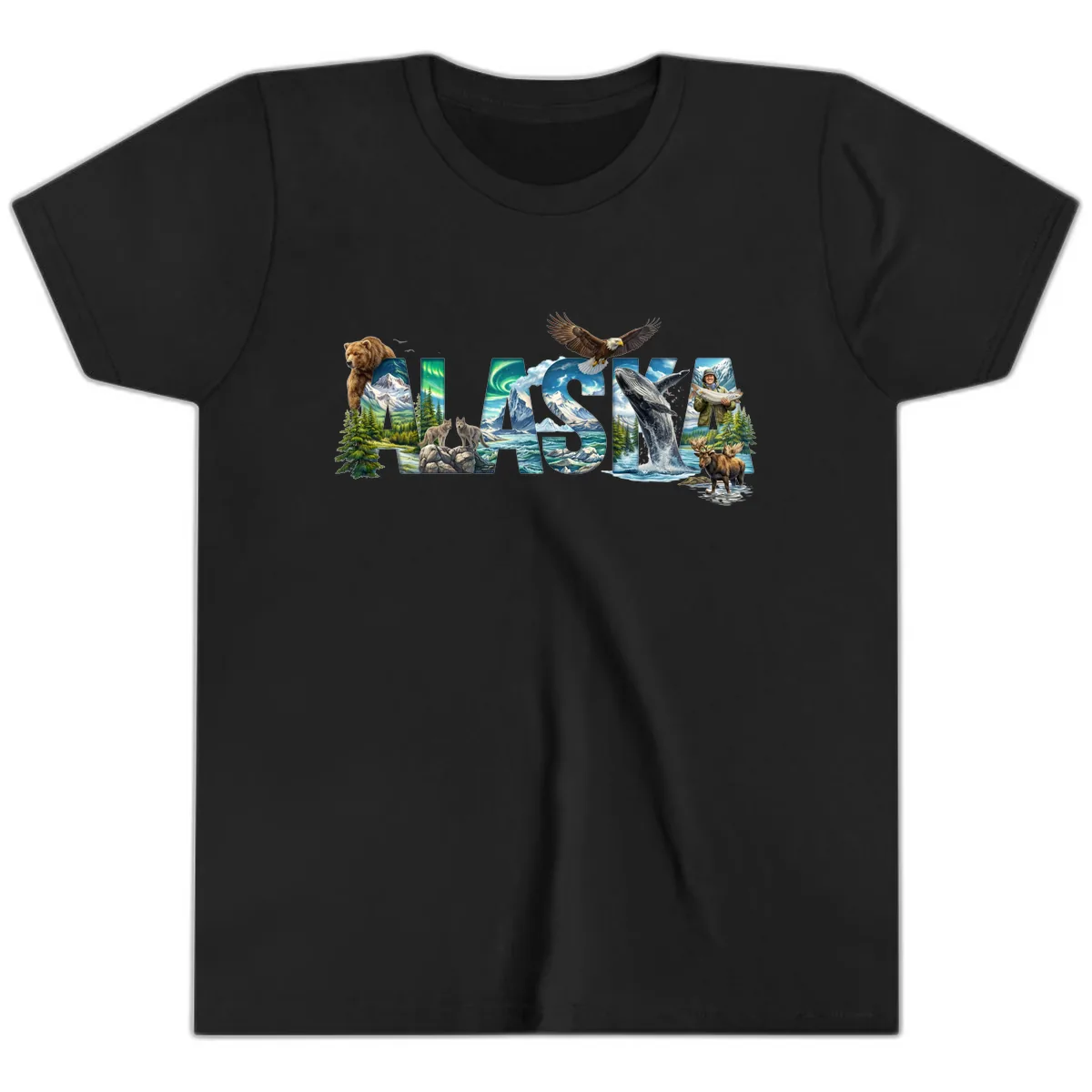 Alaskan Landscapes and Wildlife Text Youth T-Shirt in Black