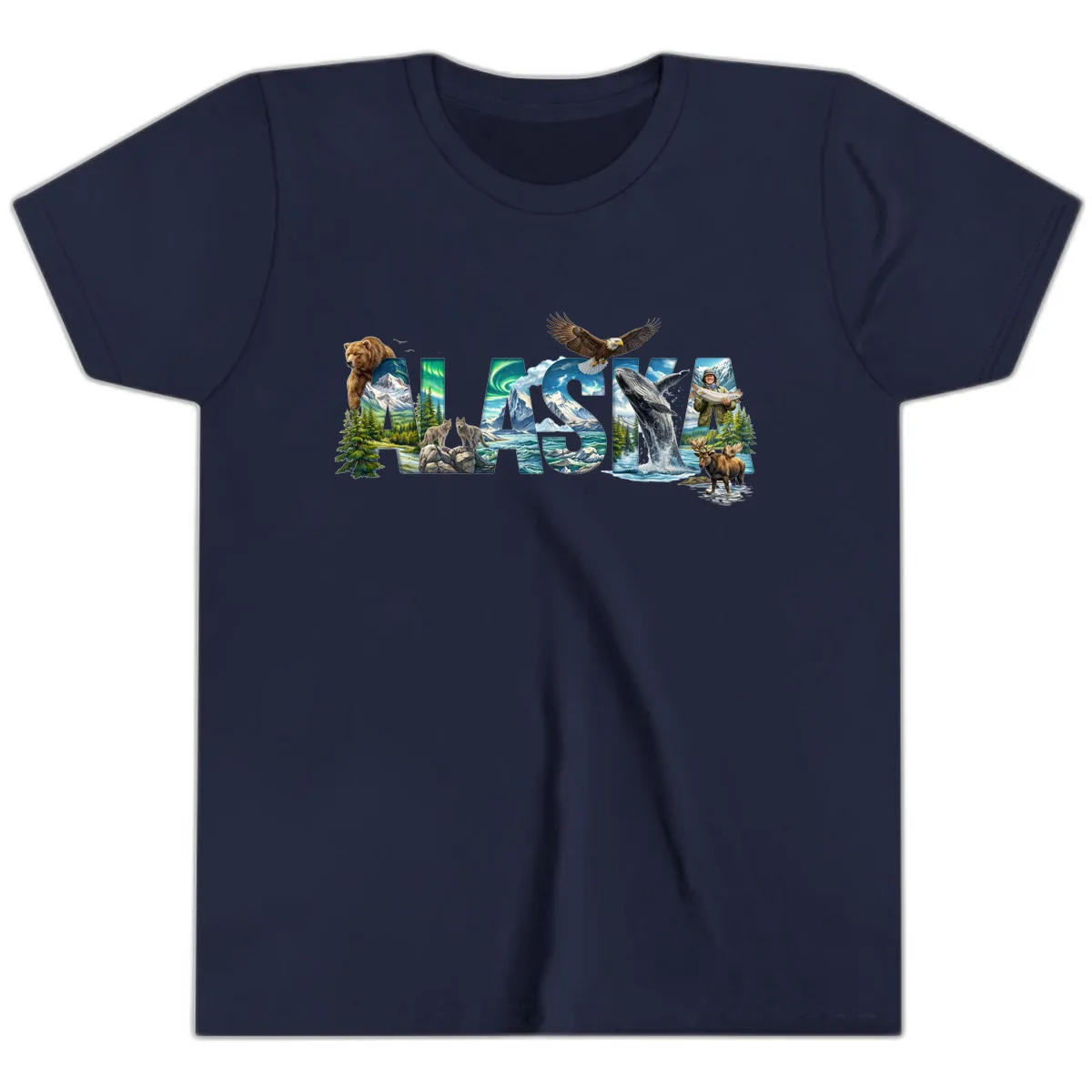 Alaskan Landscapes and Wildlife Text Youth T-Shirt in Navy