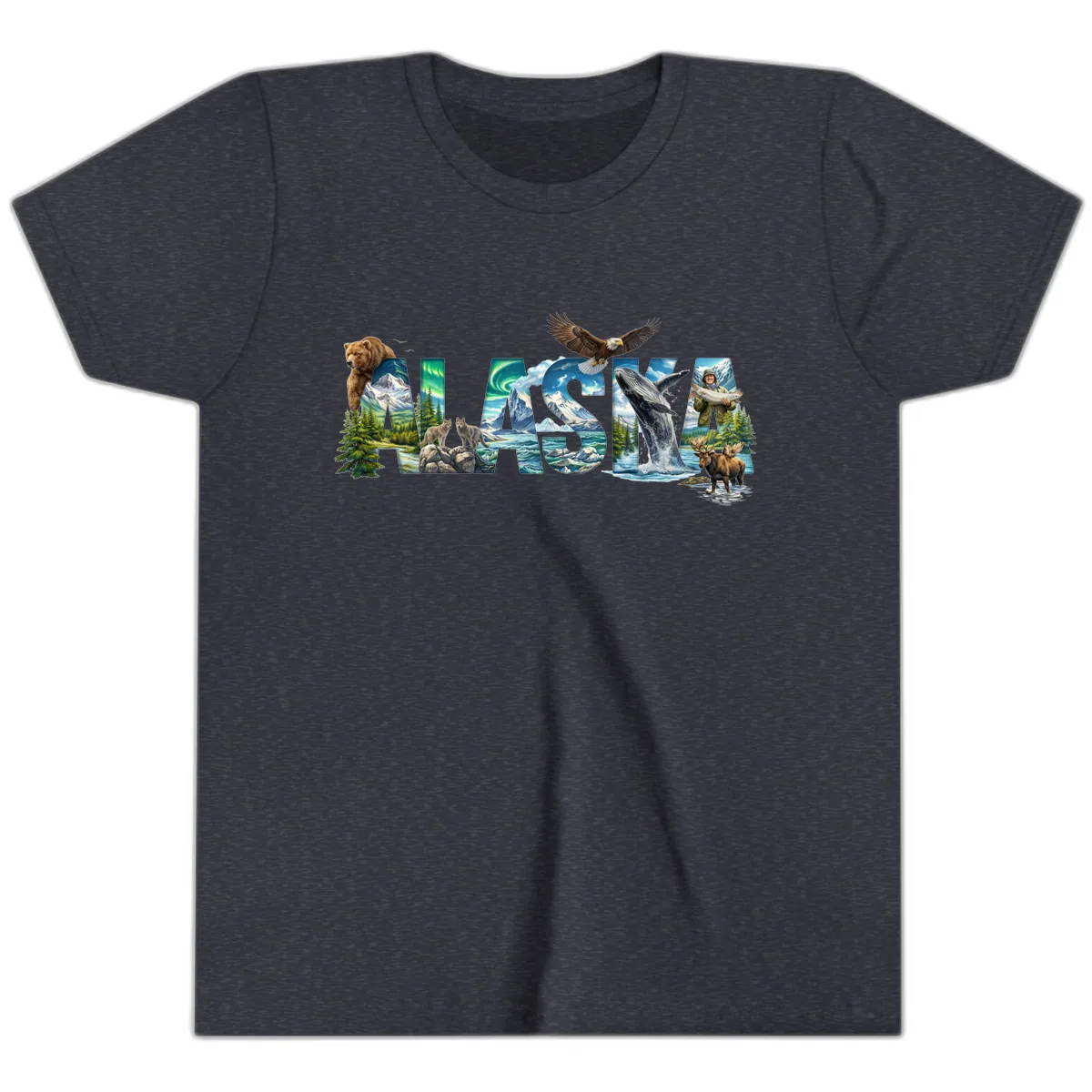 Alaskan Landscapes and Wildlife Text Youth T-Shirt in Heather Navy