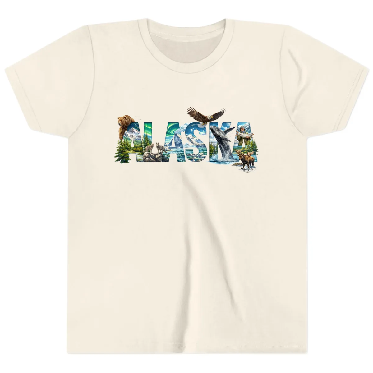 Alaskan Landscapes and Wildlife Text Youth T-Shirt in Natural