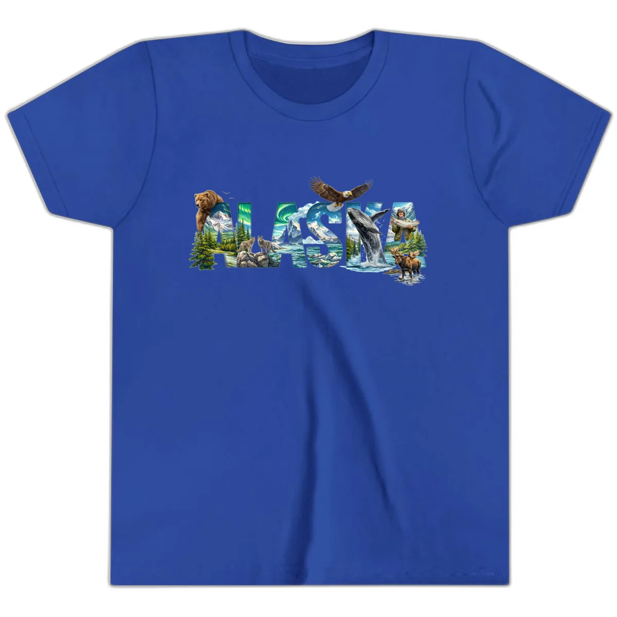 Alaskan Landscapes and Wildlife Text Youth T-Shirt in True Royal