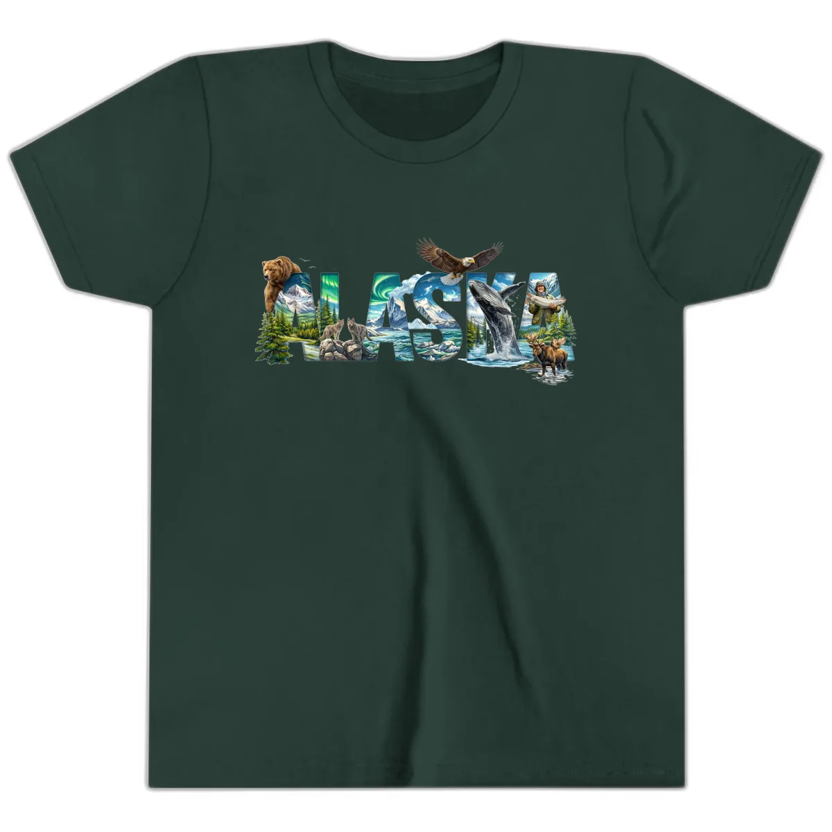 Alaskan Landscapes and Wildlife Text Youth T-Shirt in Forest