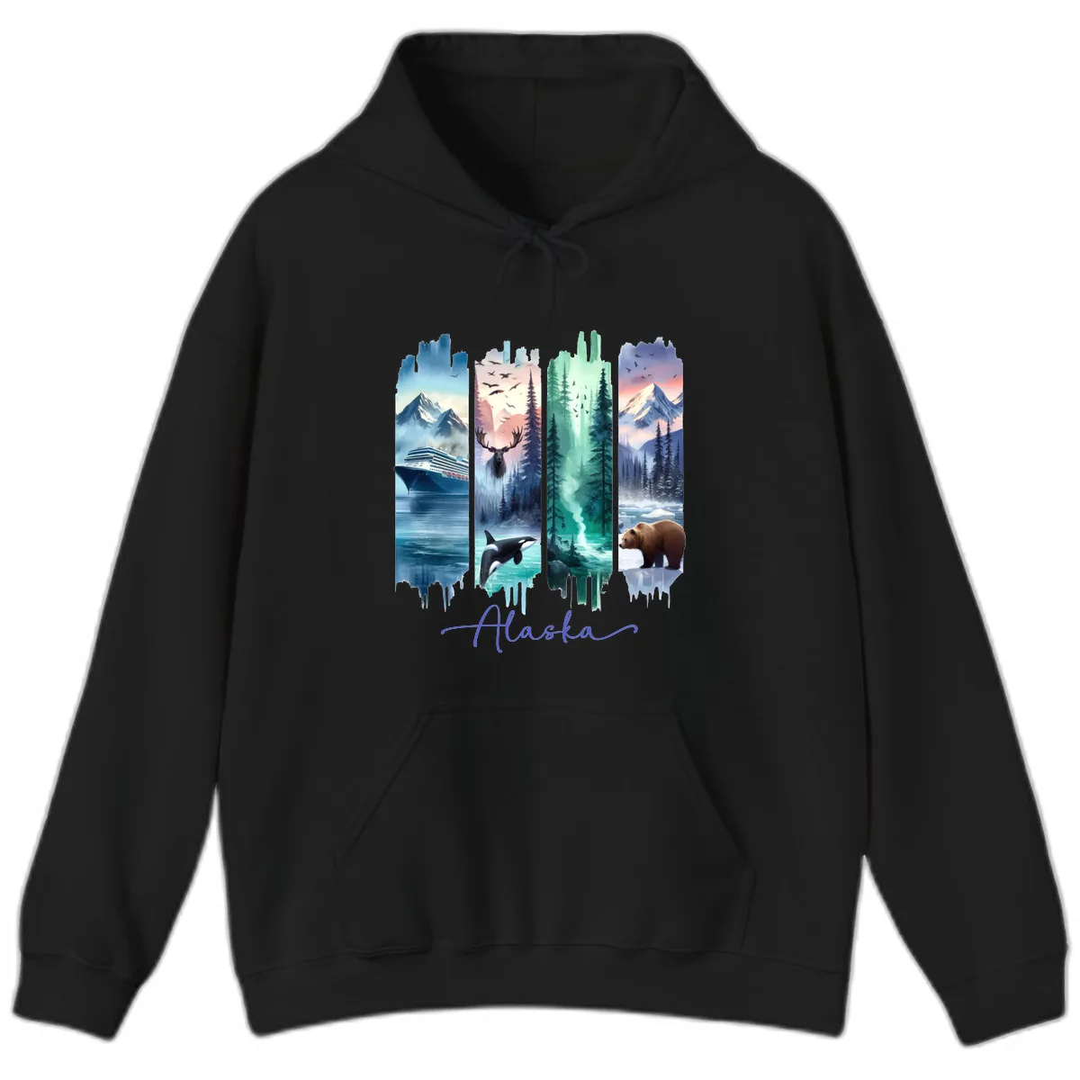 Alaska Four Panel Scenic Wildlife Cruise Hoodie in Black