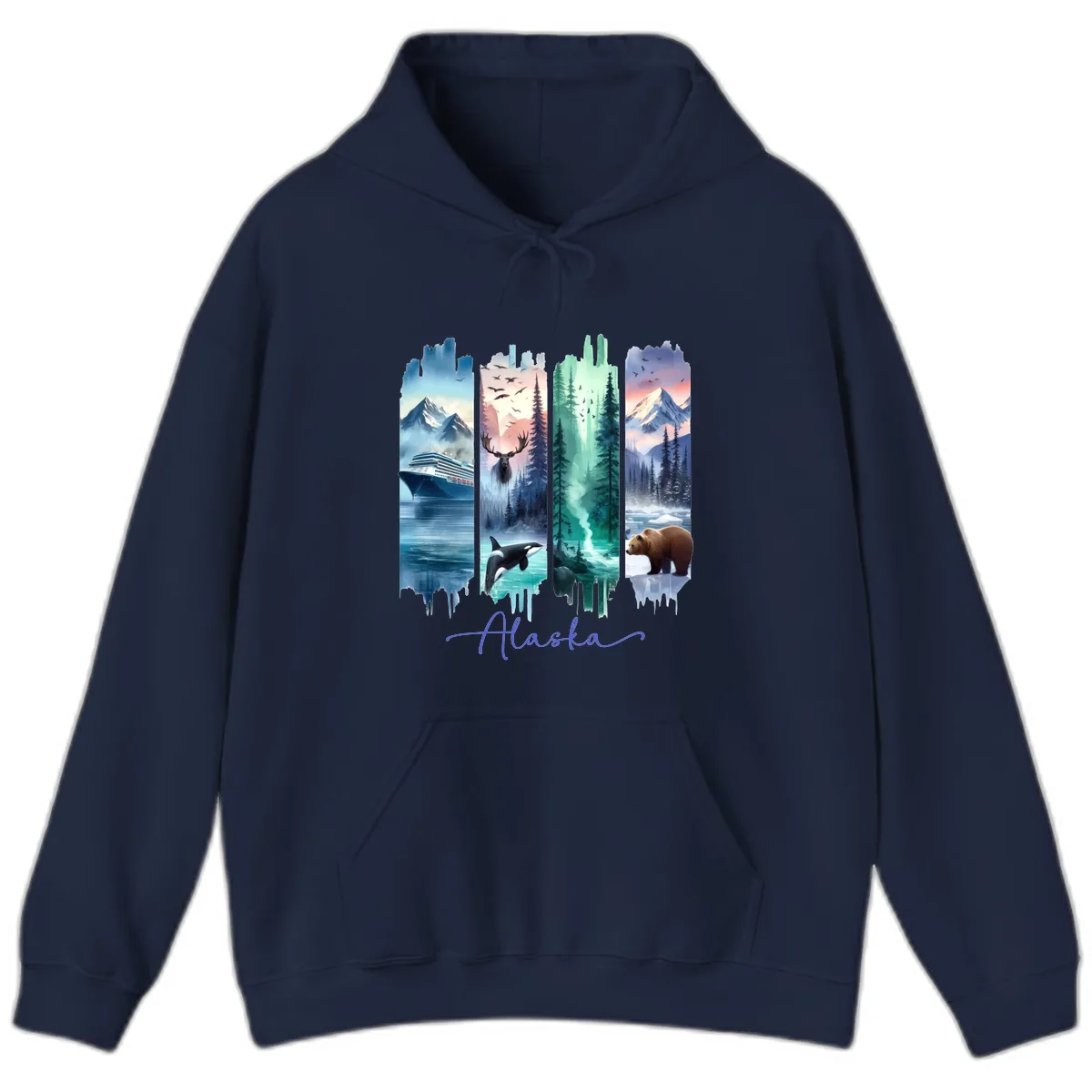 Alaska Four Panel Scenic Wildlife Cruise Hoodie in Navy