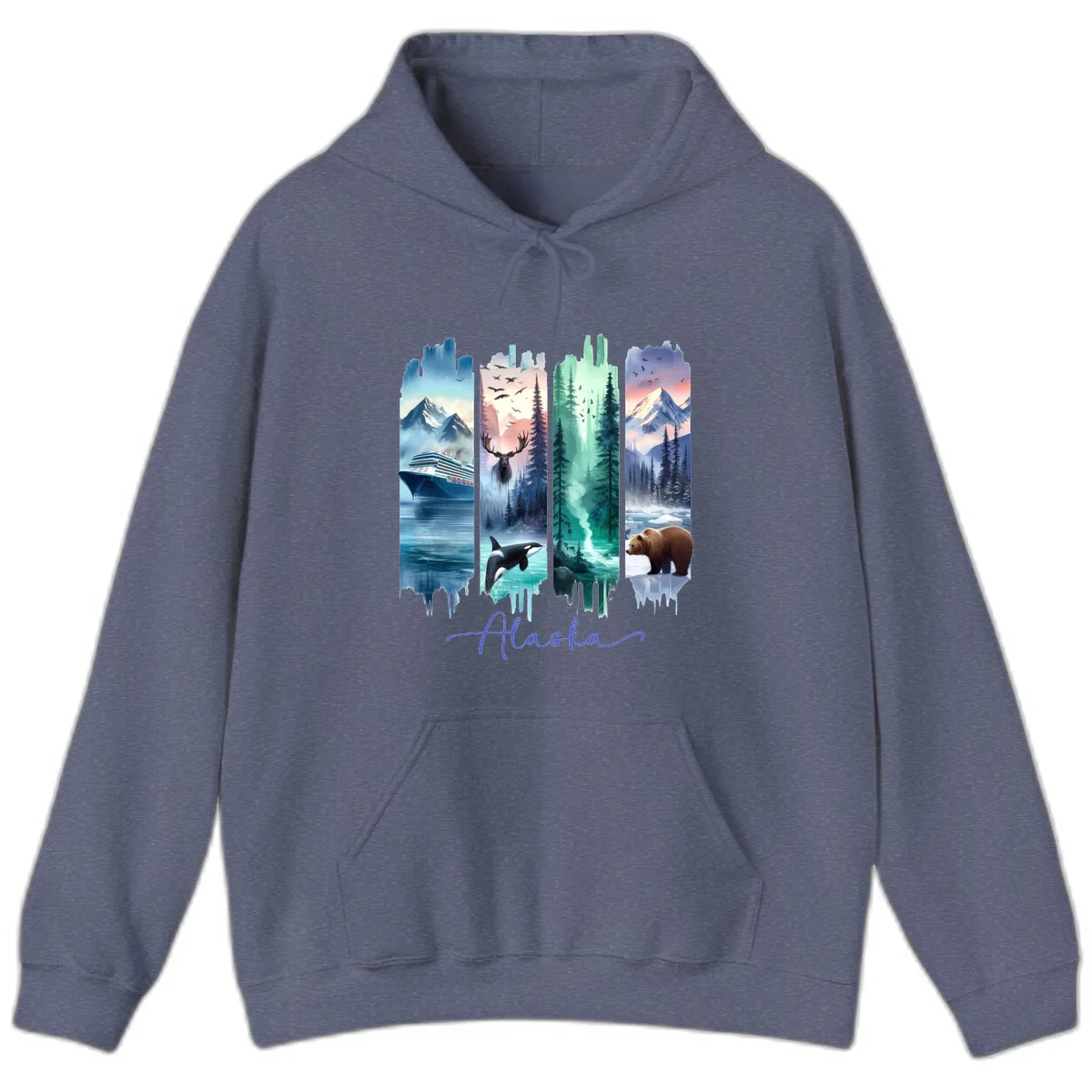 Alaska Four Panel Scenic Wildlife Cruise Hoodie in Heather Navy