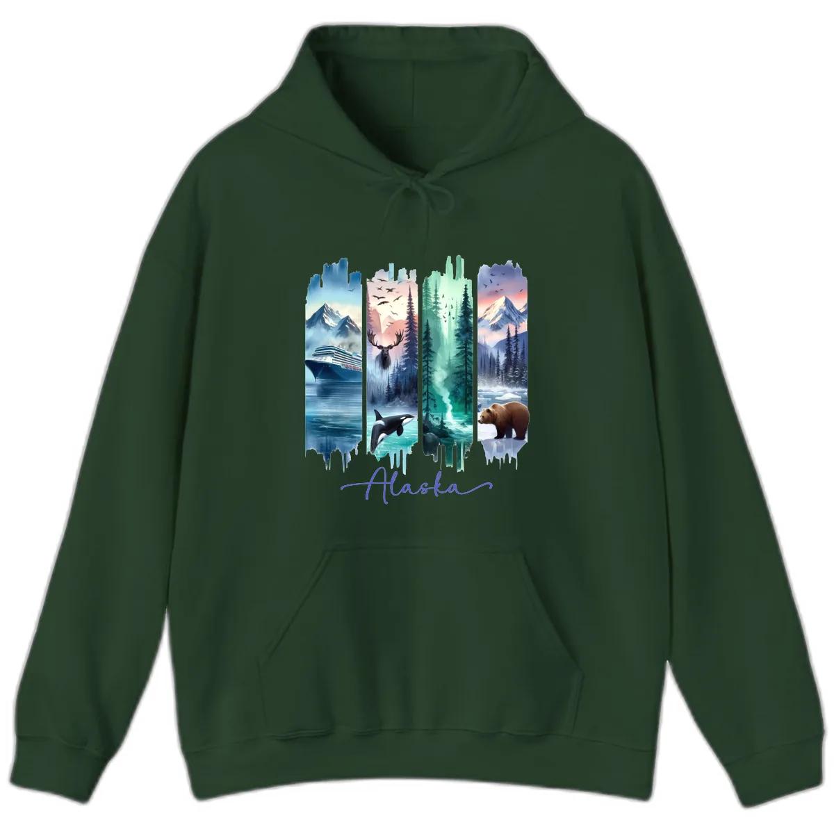 Alaska Four Panel Scenic Wildlife Cruise Hoodie in Forest Green