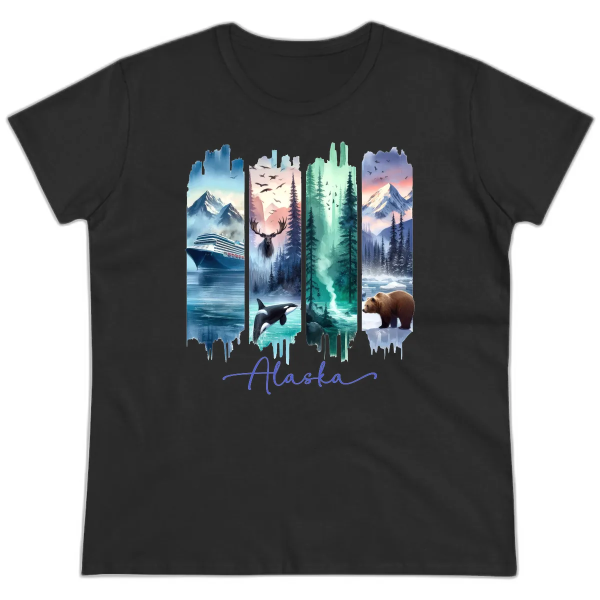 Alaska Four Panel Scenic Wildlife Cruise Ladies Tee in Black