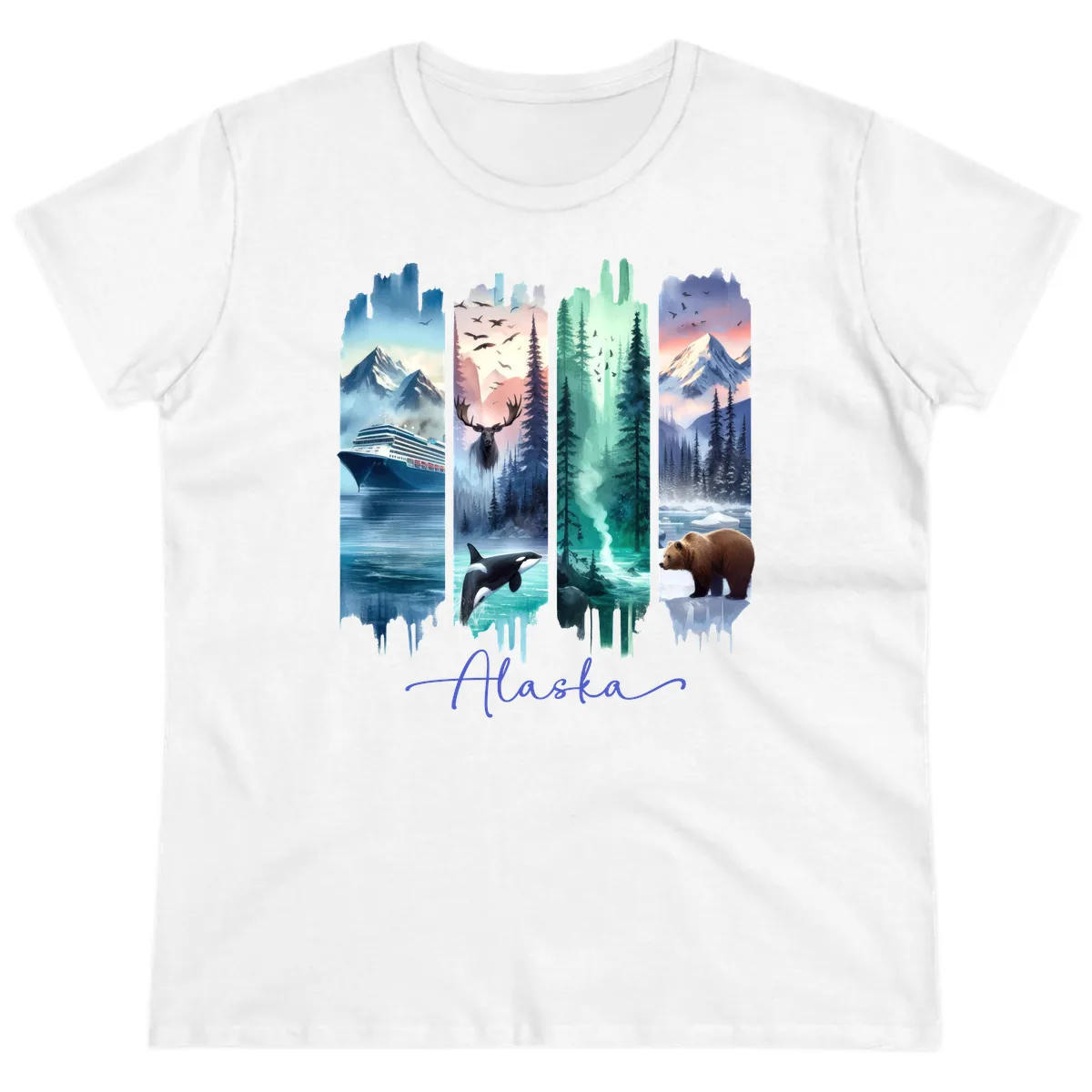 Alaska Four Panel Scenic Wildlife Cruise Ladies Tee in White
