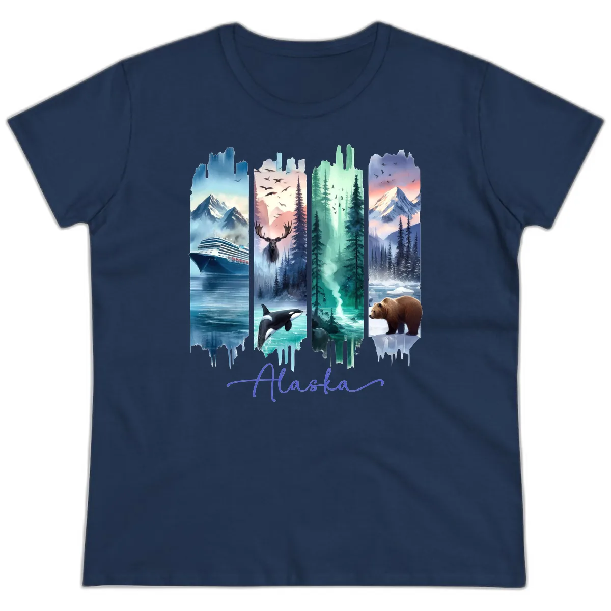 Alaska Four Panel Scenic Wildlife Cruise Ladies Tee in Navy