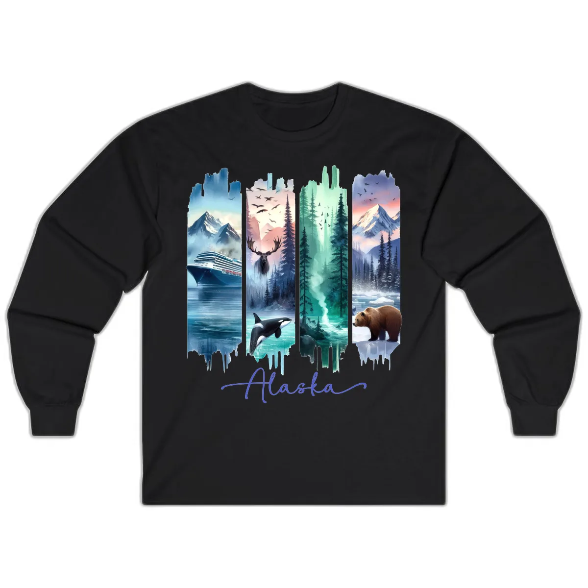 Alaska Four Panel Scenic Wildlife Cruise Long Sleeve in Black