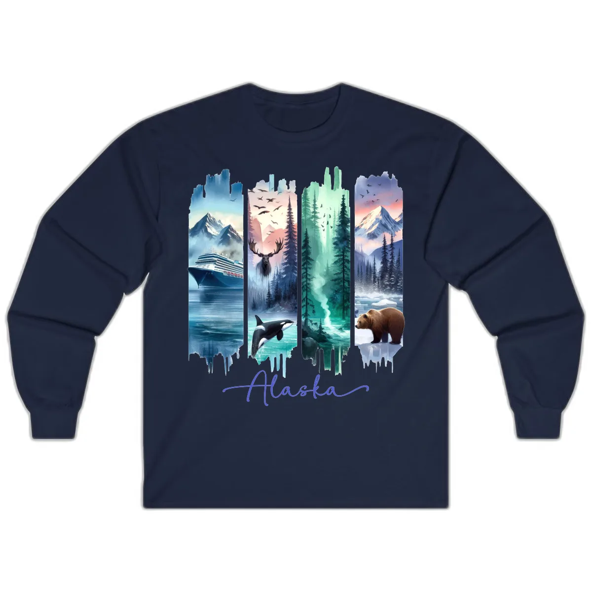 Alaska Four Panel Scenic Wildlife Cruise Long Sleeve in Navy