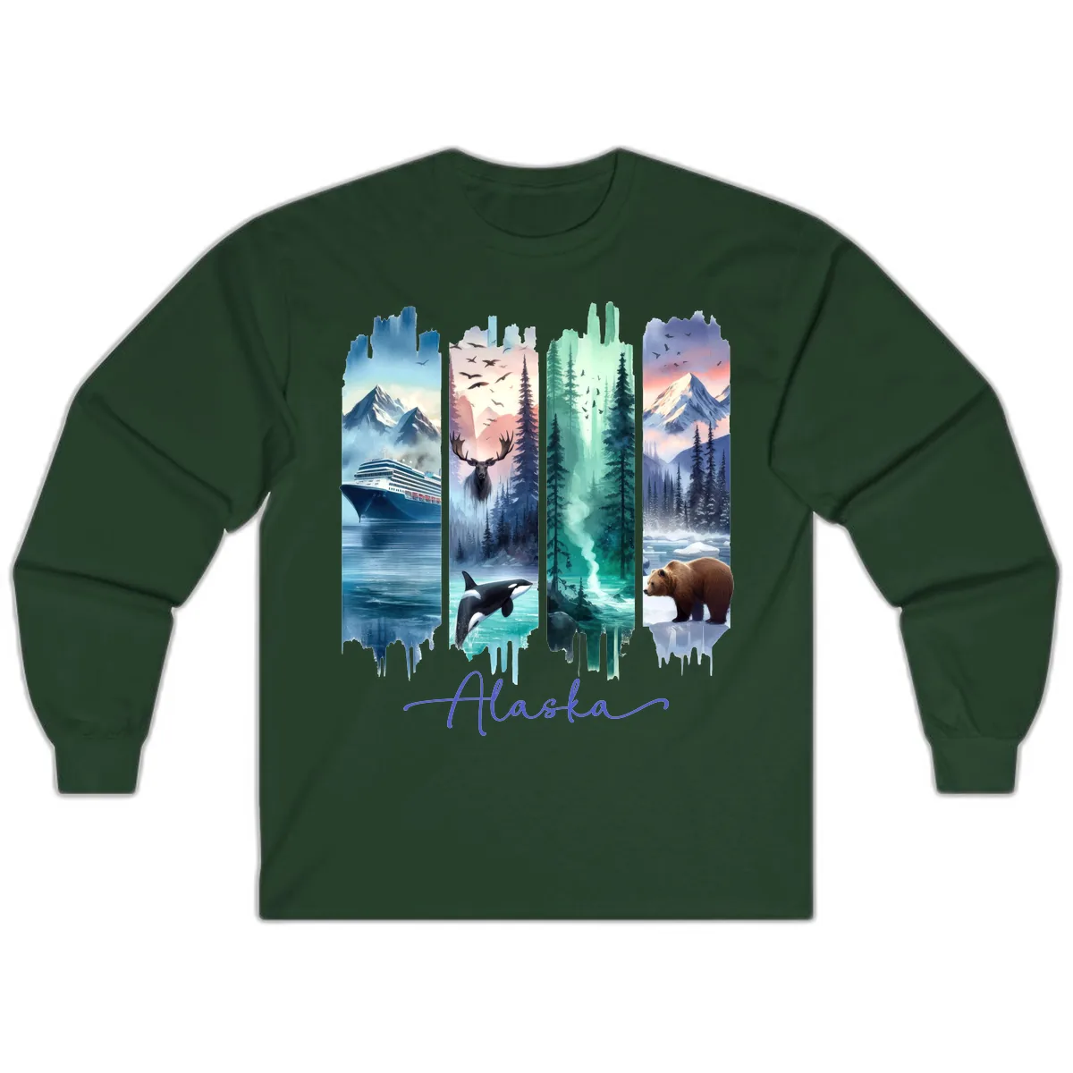 Alaska Four Panel Scenic Wildlife Cruise Long Sleeve in Forest Green