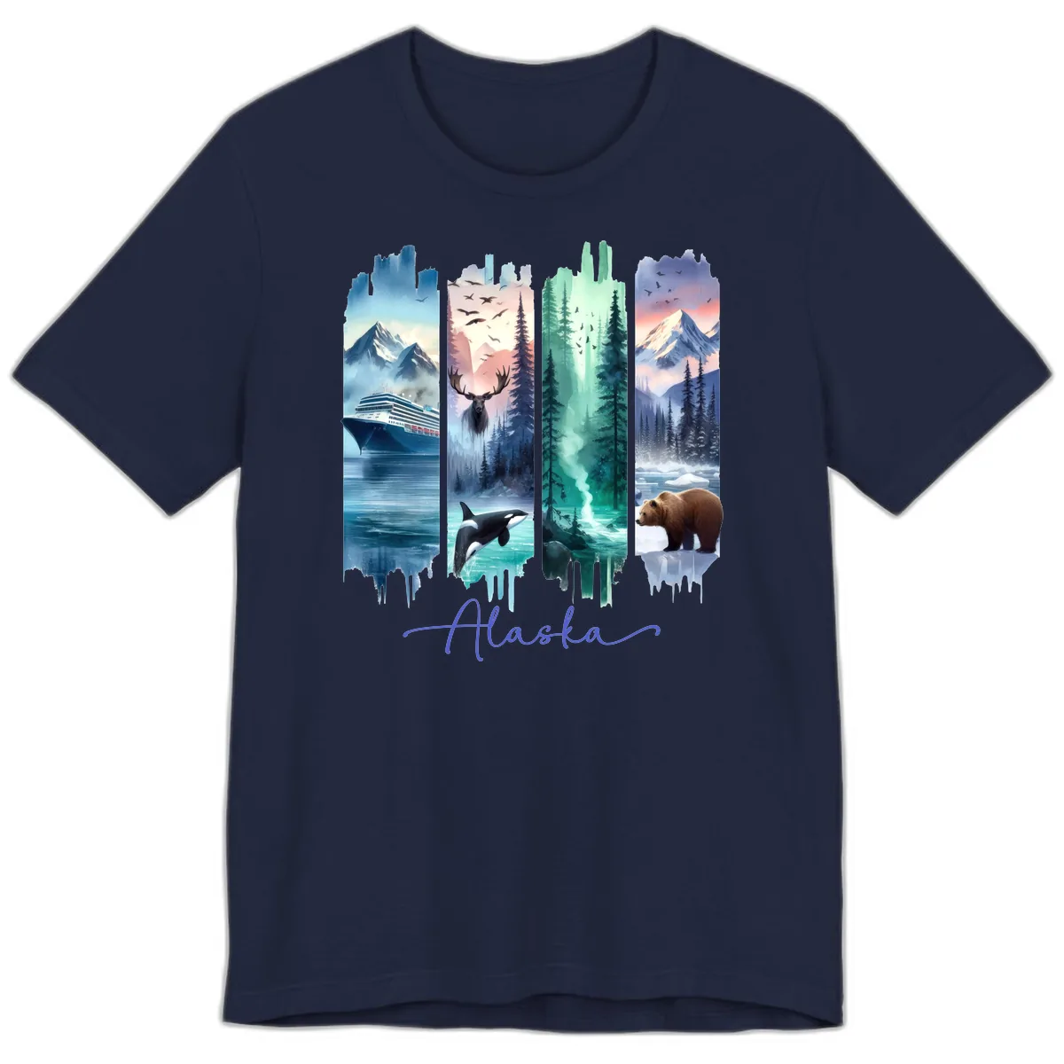Alaska Four Panel Scenic Wildlife Cruise Premium T-Shirt in Navy