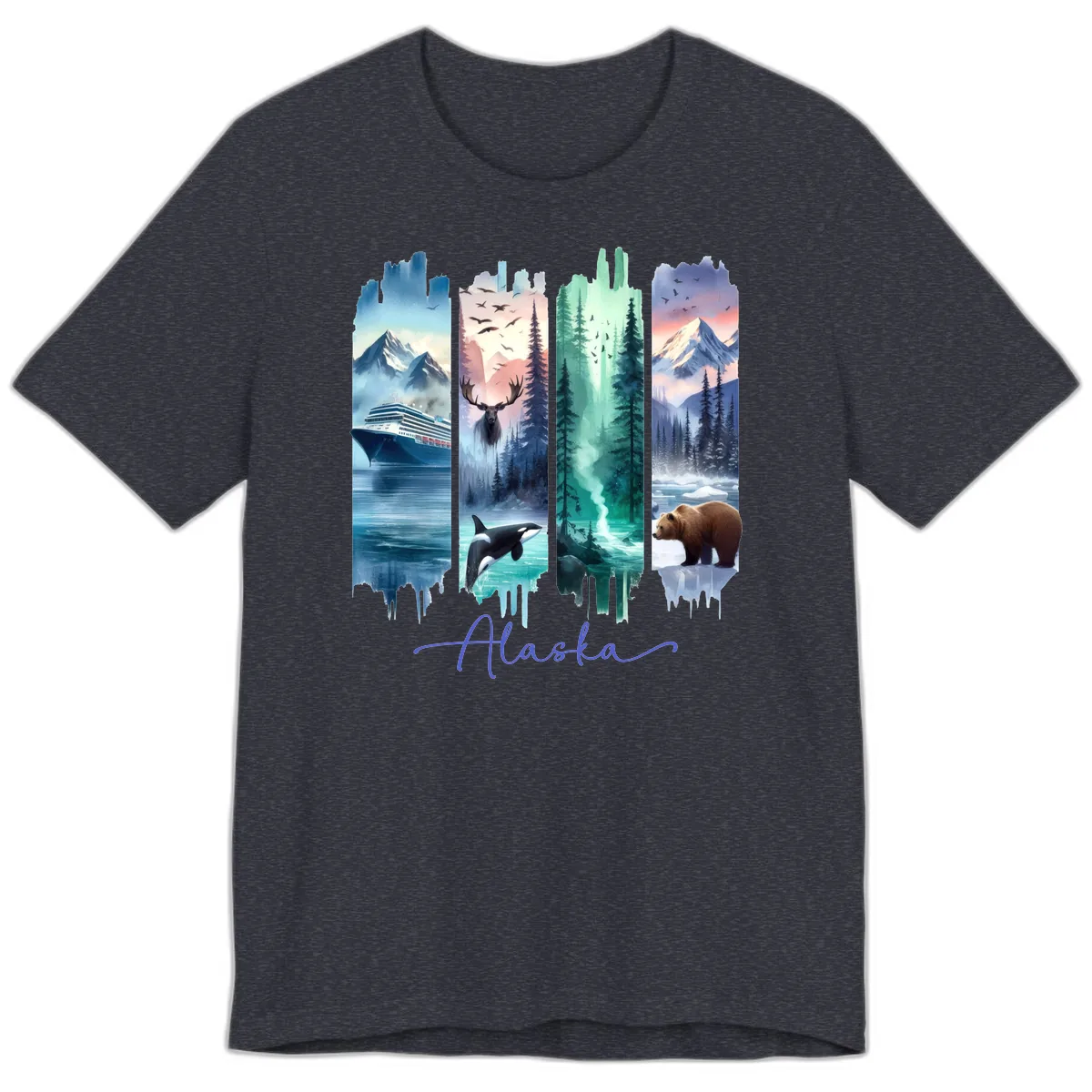 Alaska Four Panel Scenic Wildlife Cruise Premium T-Shirt in Heather Navy