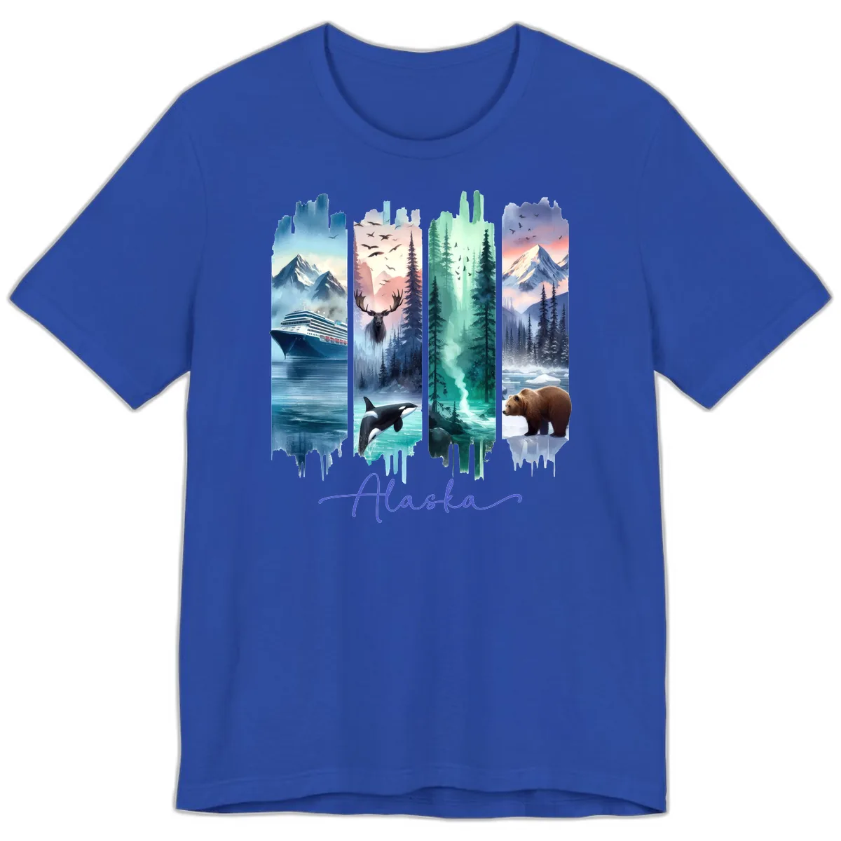 Alaska Four Panel Scenic Wildlife Cruise Premium T-Shirt in True Royal