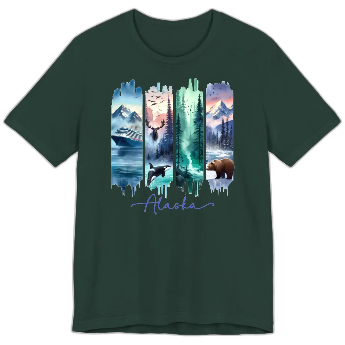 Alaska Four Panel Scenic Wildlife Cruise Premium T-Shirt in Forest