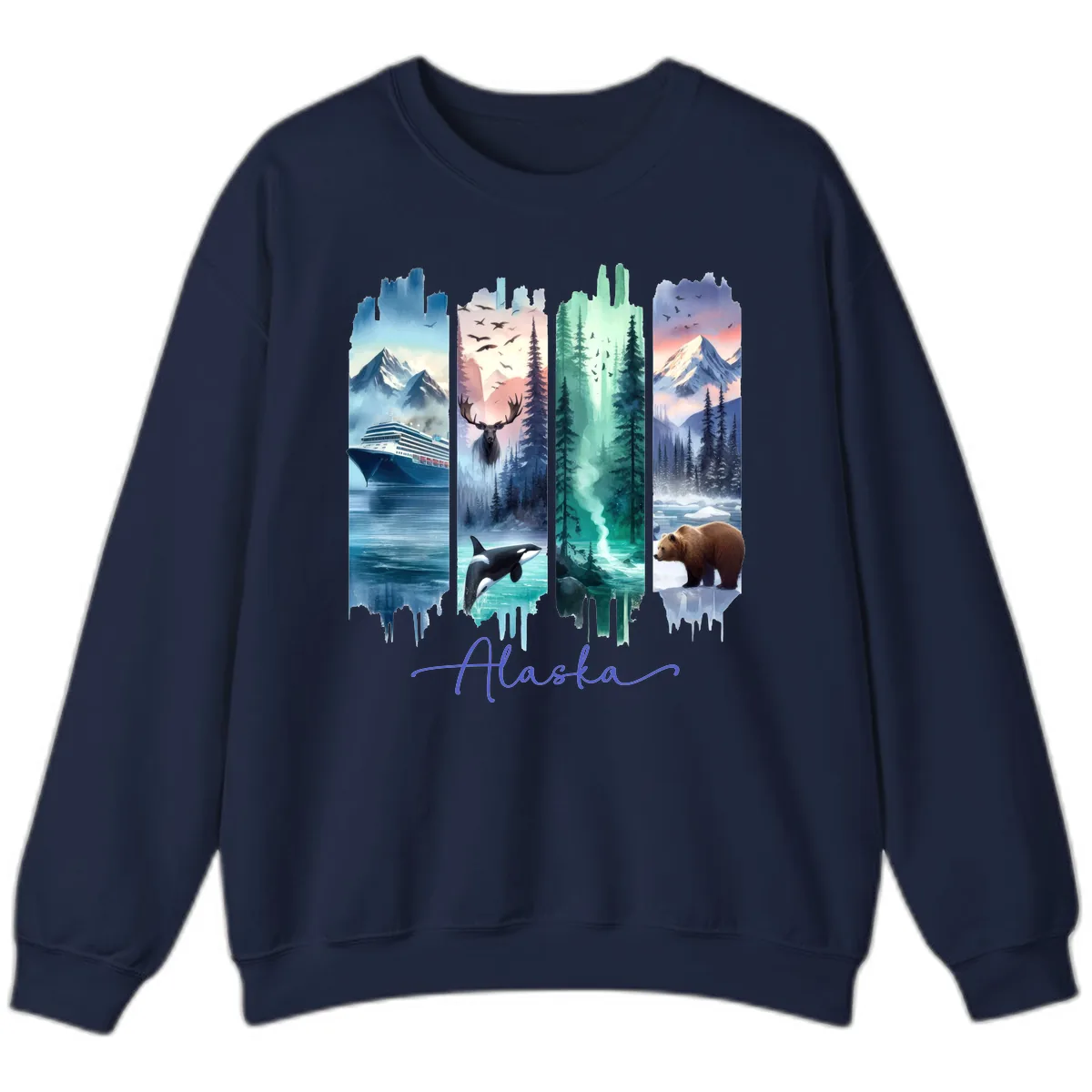 Alaska Four Panel Scenic Wildlife Cruise Sweatshirt in Navy