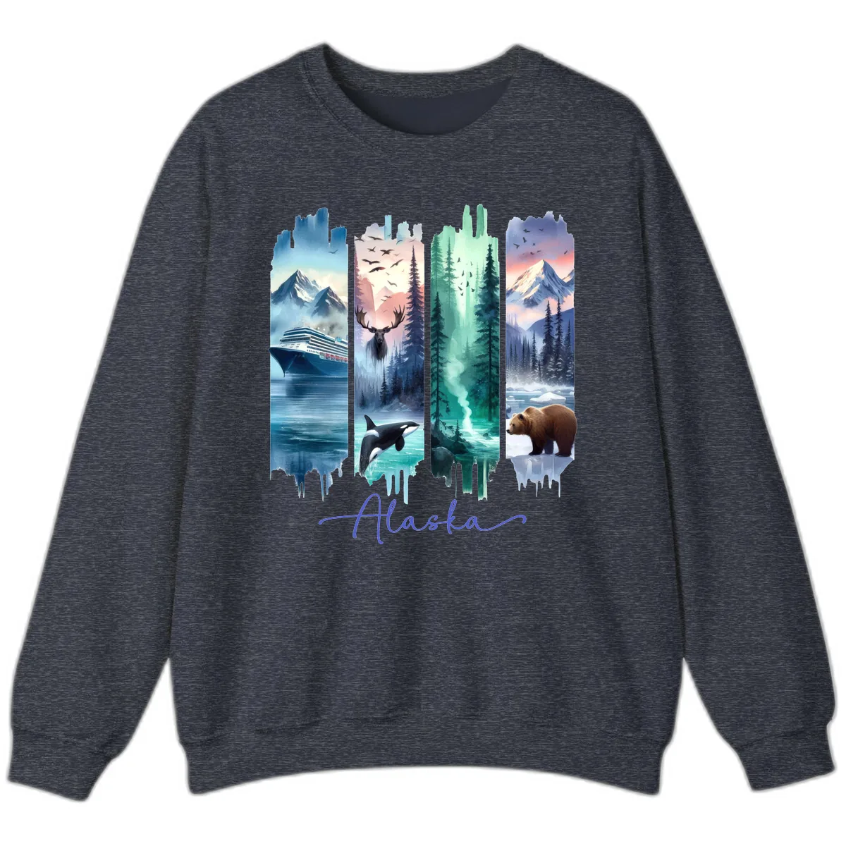 Alaska Four Panel Scenic Wildlife Cruise Sweatshirt in Heather Sport Dark Navy
