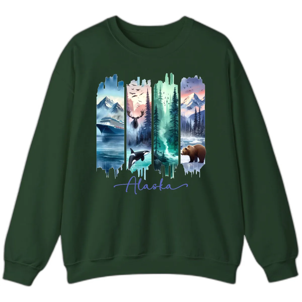 Alaska Four Panel Scenic Wildlife Cruise Sweatshirt in Forest Green