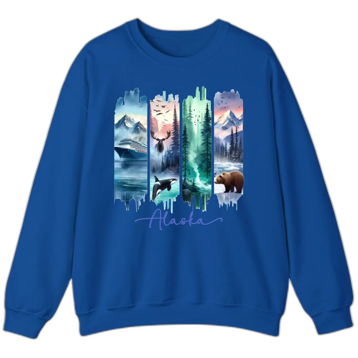 Alaska Four Panel Scenic Wildlife Cruise Sweatshirt in Royal
