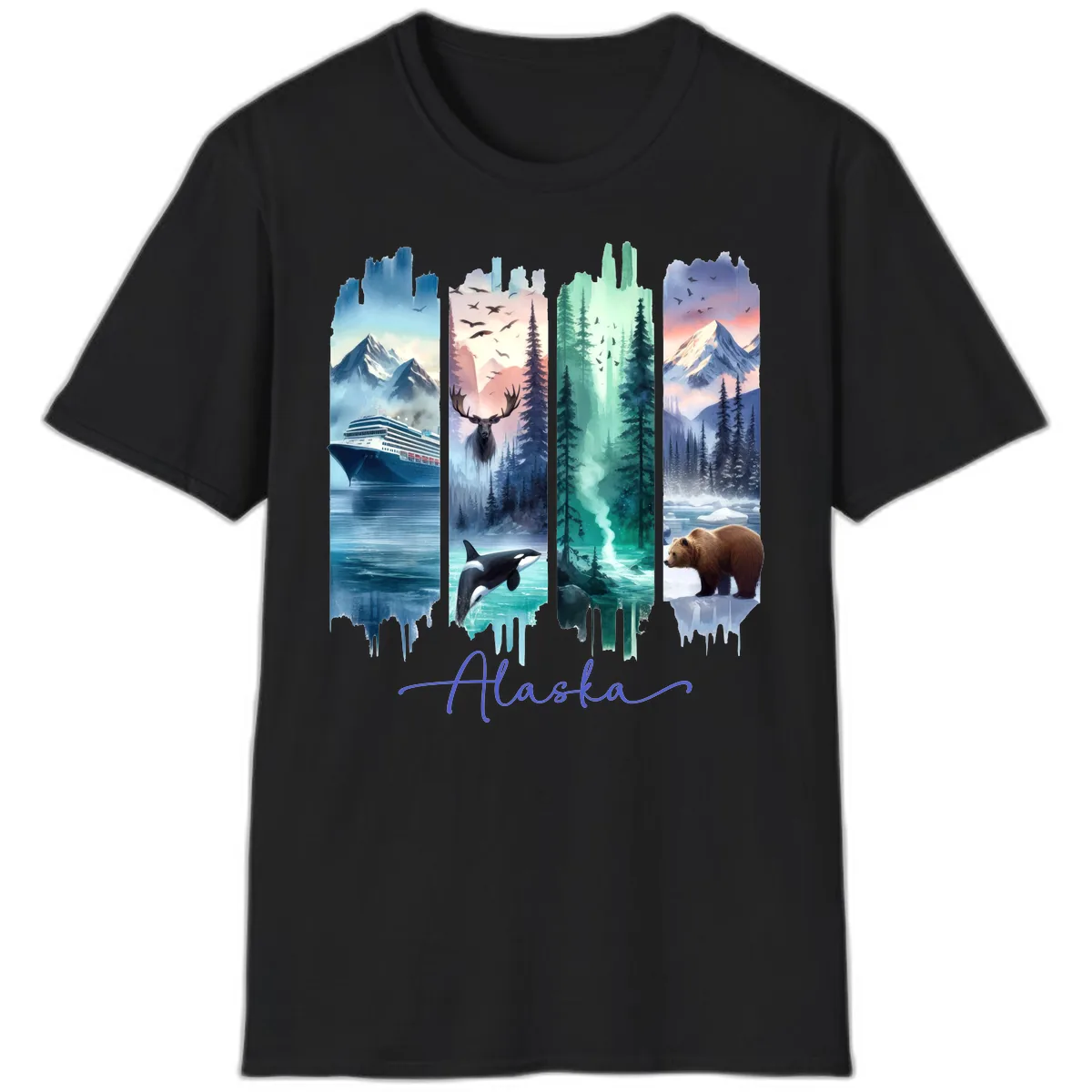 Alaska Four Panel Scenic Wildlife Cruise T-Shirt in Black