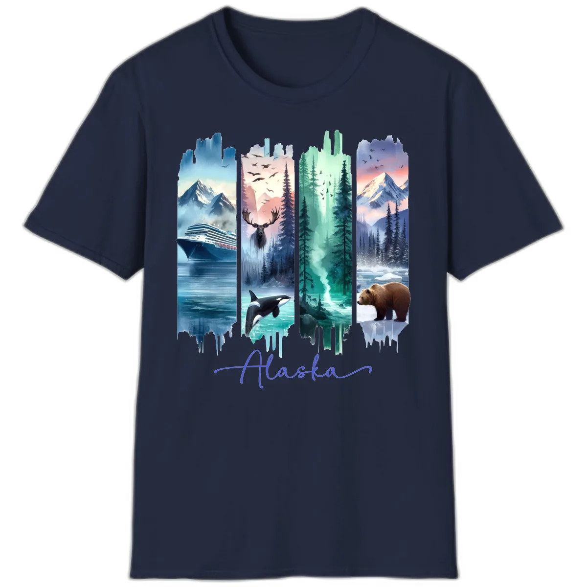 Alaska Four Panel Scenic Wildlife Cruise T-Shirt in Navy